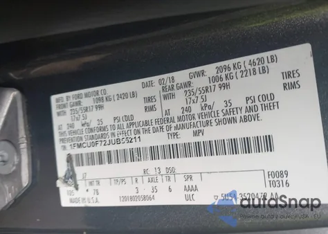 2018 Ford Escape S из США, поврежденный, VIN 1FMCU0F72JUB55211